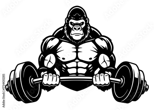 Muscular Gorilla Mascot Bodybuilder Lifting Heavy Barbell, gorilla, gym, workout, mascot, strong