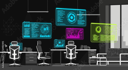 Futuristic Office Technology and Data Visualization Screens in a Modern Workplace