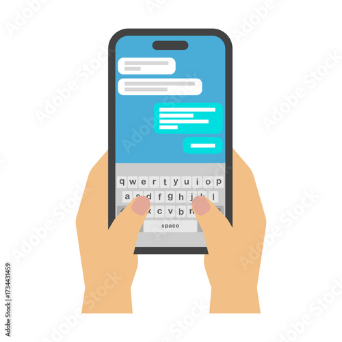 フラットイラスト：スマホ画面とタイピングする手(英語)