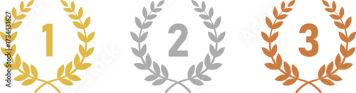 Gold, silver, bronze laurel wreath vector set: first, second, third place ranking award badges with numbers 1, 2, 3