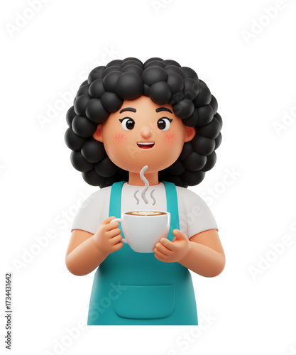 Smiling 3D cartoon woman character in an apron holding a steaming mug of coffee
