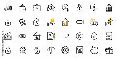 Diverse finance icons representing wealth growth savings and financial transactions