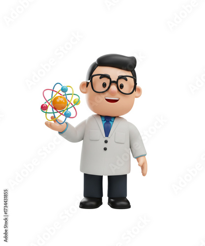3D render of a cartoon scientist in a lab coat holding a colorful atomic model for science education