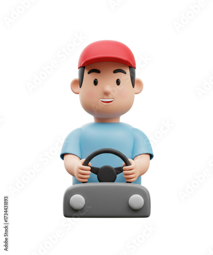 3D Rendered Car Driver Wearing Red Cap Holding Steering Wheel