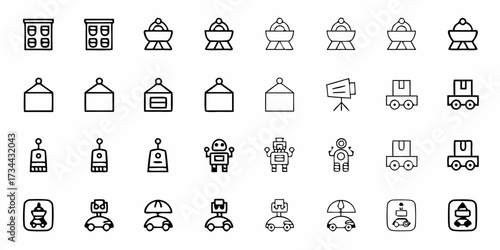 Diverse collection of futuristic robot and autonomous vehicle icons, perfect for technology, innovation, and AI projects, conveying modern progress and smart automation