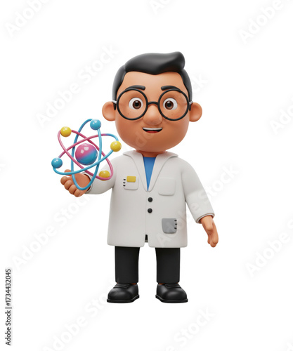 Cartoon Scientist Holding a Colorful Atom Model in a Laboratory Coat