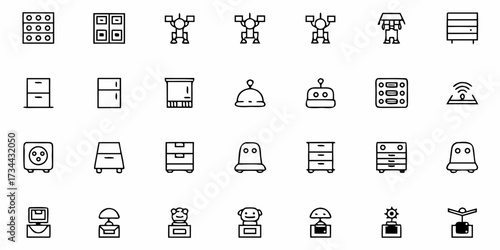 Collection of modern minimalist icons representing diverse objects like robots, furniture, appliances, and quirky characters for tech and design projects
