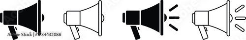 megaphone icon vector set: bullhorn, loudspeaker, solid and outline with sound waves for announcement and promotion.