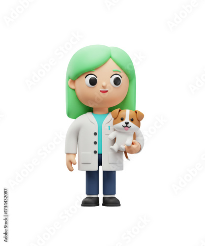 3D illustration of a friendly veterinarian holding a small, happy dog
