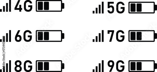 Mobile phone connectivity vector icon set: signal, 4g, 5g, 6g, 7g, 8g, 9g, and low battery status indicators on ui.