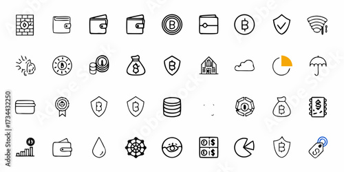 Dynamic collection of financial and cryptocurrency icons, offering visual solutions for digital finance, investment, and security themes with a modern, hand-drawn appeal