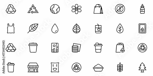 Eco-friendly icons symbolizing sustainability, recycling, nature, and green business practices for modern environmental awareness campaigns and product design.