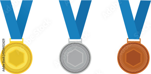 Gold, silver, and bronze medal vector set with blue ribbon: first, second, third place award winner icon.