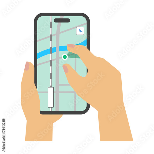 フラットイラスト：スマホ画面とピンチする手(マップ)