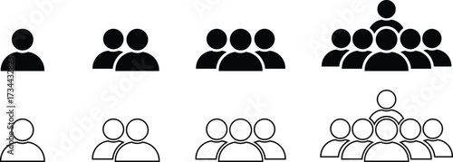 User people group icon progression vector set: single to crowd, team size scale, silhouette and outline symbols