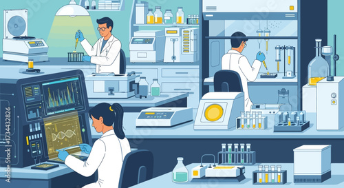 Team of dedicated scientists collaborating in a modern laboratory on advanced genetic research and biotechnology