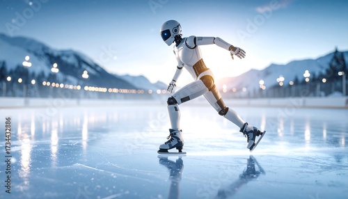 Wallpaper Mural Futuristic AI Robot Skater Gliding on Ice Rink with Snowy Mountains Background. Torontodigital.ca