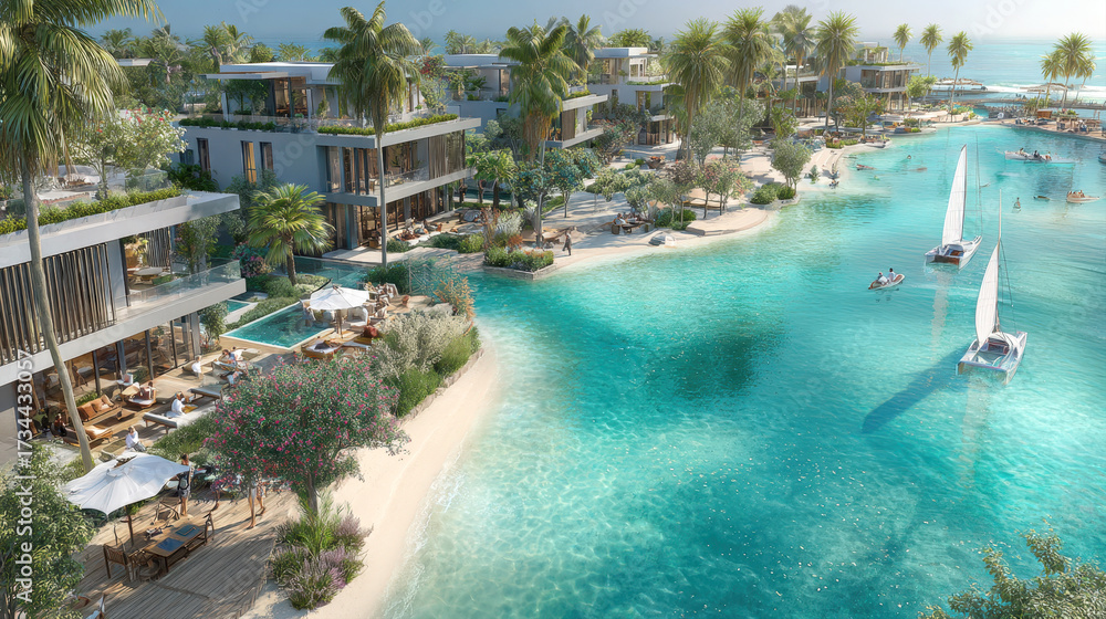 Fototapeta premium Aerial view of a luxury tropical resort with modern waterfront villas, private pools, a white sandy beach, and a stunning turquoise lagoon where small sailboats and kayaks are enjoying the water