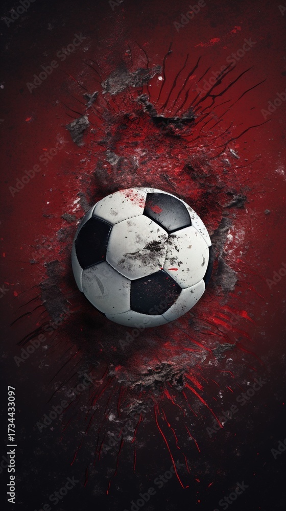 Fototapeta premium A soccer ball is embedded in a red wall, surrounded by cracks and debris from impact