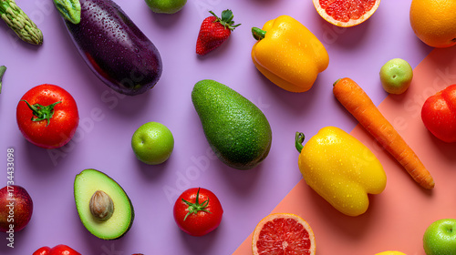 Wallpaper Mural Colorful fruits and vegetables flat lay on pastel background healthy lifestyle
 Torontodigital.ca