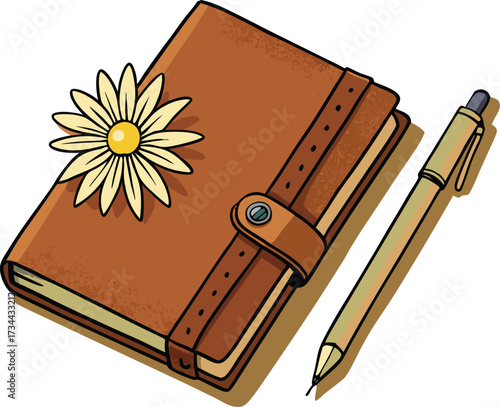 Rustic leather journal with flower and pen illustration