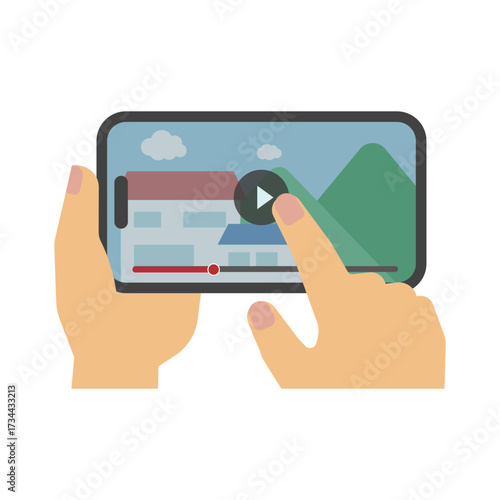 フラットイラスト：スマホ画面とタップする手(動画)