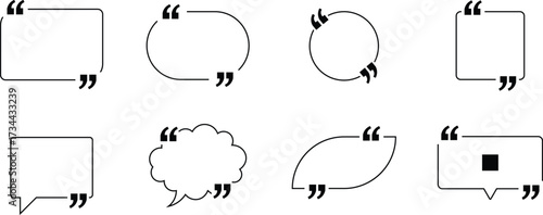 Quotation mark speech bubble vector set: modern line art quote box, chat frame, testimonial, comment, and note template.