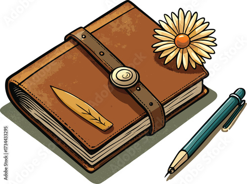 Rustic leather journal with flower and pen illustration