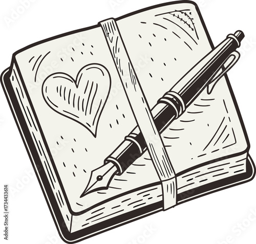 Vintage journal with heart and writing instruments