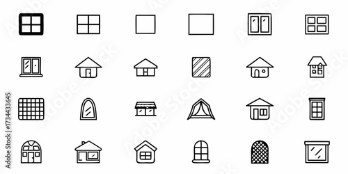 Discover a versatile collection of hand-drawn architectural window and house icons, perfect for design projects needing a modern, clean aesthetic for websites, apps, or branding elements.