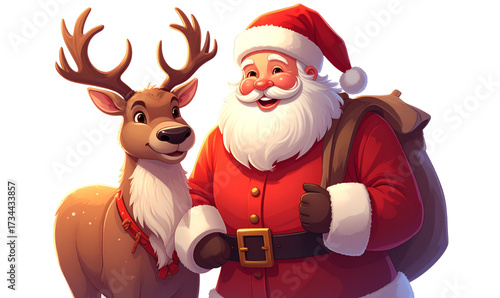 Transparent Background, PNG Jolly Santa Claus Standing Beside Reindeer with Gift Sack