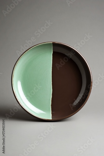 Artistic dual-tone plate with mint and brown colors, showcasing minimalist design.