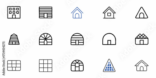 Collection of simple, modern building icons and shelter outlines perfect for architectural concepts, urban planning, and creative projects