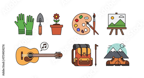 Hobbies and Outdoor Pursuits Gardening, Art, Music, Hiking Icons