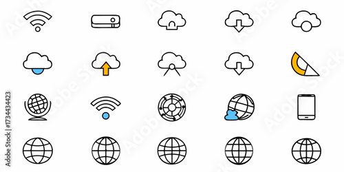Dynamic collection of modern technology and connectivity icons featuring cloud storage, Wi-Fi signals, globes, and mobile devices perfect for digital presentations