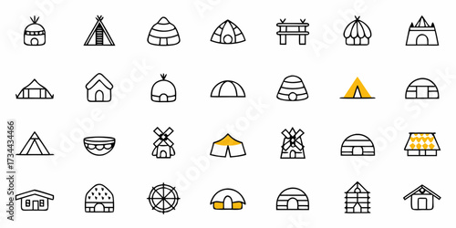 Diverse collection of simple, charming icons representing various dwelling types and structures, perfect for educational materials, historical projects, or creative designs