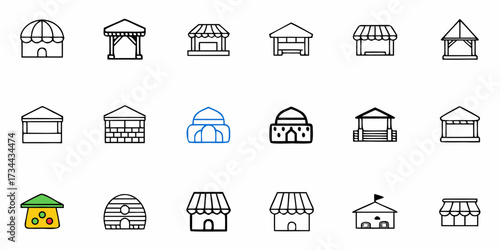 Diverse collection of simple building icons, showcasing various stylized stalls, gazebos, and unique structures perfect for design projects and app interfaces