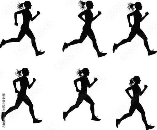 Silhouette of athletic woman running, fitness exercise illustration, jogging poses collection, workout training sequence, healthy lifestyle concept, sports activity design.