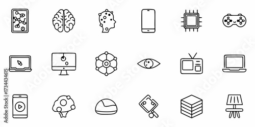 Explore a diverse collection of modern icons representing technology, science, and everyday objects, perfect for digital projects and creative presentations, delivering instant visual communication.