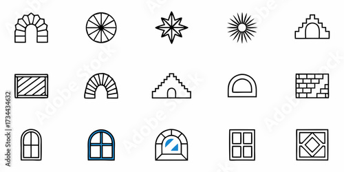 Collection of minimalist architectural elements featuring arches, windows, and geometric patterns, perfect for design projects seeking modern and classic aesthetics.