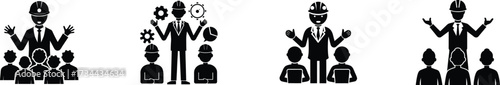 Silhouette of engineer guiding team with hand gestures professional development meeting vector