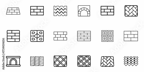 Collection of various brick and stone wall silhouettes and icons displayed in a grid arrangement on a clean background