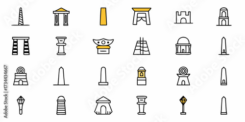 Discover iconic global landmarks and architectural wonders with this diverse collection of stylized monument icons, perfect for travel, history, and design projects.