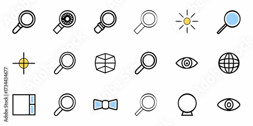 Discover, explore, and analyze with a versatile set of modern icons featuring magnifying glasses, eyes, globes, and sun symbols for research and insight generation.