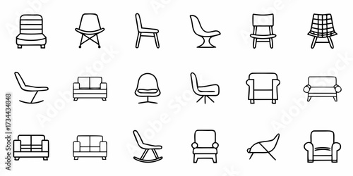 Collection of minimalist furniture icons presented in a grid layout on a clean white background, showcasing various seating and resting designs