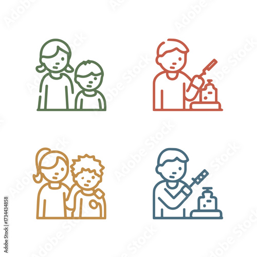 Child getting vaccine with parent in colorful line art icons  