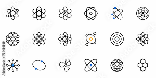 Dynamic collection of modern atom icons representing science, research, and innovation for educational and business projects
