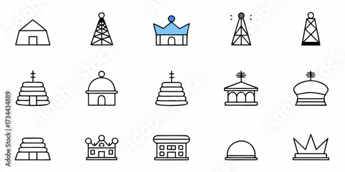 Collection of stylized icons representing buildings, towers, and crowns, offering modern design elements for diverse commercial and conceptual applications