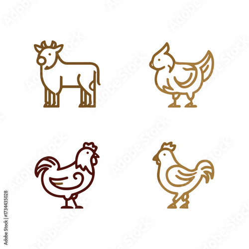 Set of domestic animals icons including goat and chickens  