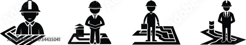 Engineer silhouettes with safety helmets near blueprints architectural designs construction project vector